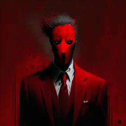 a sinister figure wearing a red suit with a red tie with no face and dirty hair