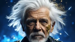 Old Punk 60 years old, portrait, white hair, blue background, gold and silver fragments and particles, glow, glare, old torn cracked canvas, mystical, fine rendering, high detail, sharp focus, 8K