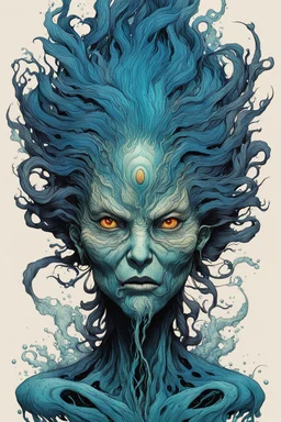 front facing illustration of an aged, malevolent shape shifting female Funayurei water spirit with highly detailed facial features and skin textures, in the style of Alex Pardee , Jean Giraud Moebius, and Katsushika Hokusai, highly detailed, boldly inked, deep murky aquatic color