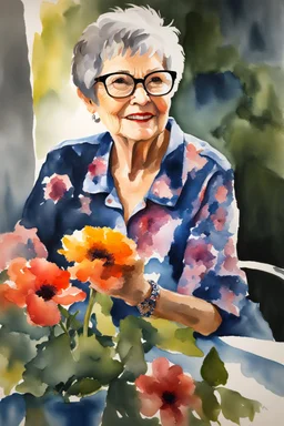 watercolor painting, chiaroscuro, deep shadows, masterpiece, happy, 2020 caught off guard, 79-year-old Phyllis Kendall, She doesn't look old, short pixie-cut, shag-cut straight, dark salt and pepper hair, overweight, blue eyes, great big, round lensed eyeglasses, wearing a black, floral print, short-sleeved, pull-over shirt, dark blue sweatpants, sitting at the computer checking her emails