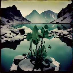 Sublime foto close-up polaroid ad alta definizione di una montagna rocciosa e falsa, un lago falso, surreale, collage art, dadaism, sublime, splimapys nero, cielo nero, acqua nera riflette un sole nero, macabre piante circondano il lago, alghe, hypermaximalist, Max Ernst figures, strangeness, intricate, hypnotic, obsessive, 8k, deep 3d field, very accentuated details of the rocks and shtn, eerie, artistic photo, shot on Hasselblad, large format film, medium format film