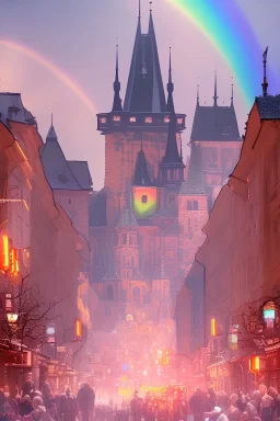 Cyberpunk, Czech Republic, Prague castle, Prague streets, modern, energy, railways, electromobility, dream world. Vivid colors. Rainbow. Technology, lights, light trails, lion silhouette, concept art.