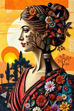 stylish abstract mondrian style feat double exposure.3d silhoutte of greek woman wearable handycraft in aesthetic design, colorful, masterpiece, inspired by wlad safronov art style at shape with vibrant borneo sunset pattern ornate and collage of intricate fantasy art blend modern art, Surround complex cute borneo decoratif pieces with blend of organic elements oak trees,flowers petals,various abstract shape against newspaper clippings, paper layers,colorful
