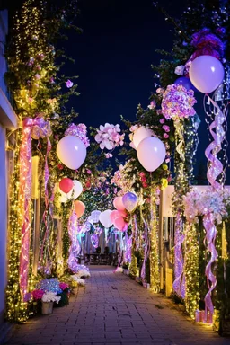 a beautiful night street decorated with lights , balloons, ribbons, flowers, glittery items