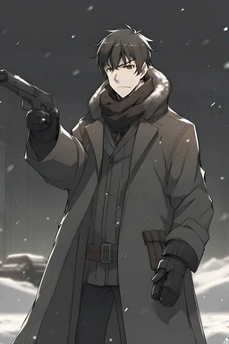 Man dressed in cold clothing, holding a Glock and pointing it forward, is alone in a cold place, in that place it is snowing, He wears a long black scarf and has short brown hair, anime style