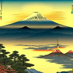 Ukiyo-e painting of a mount fuji at sunset