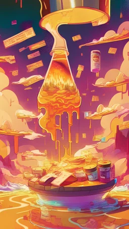 fantasy landscape of a crouton floating in a vat of swirling magical sauces like ketchup and mustard and mayo and bbq sauce, with financial market prices and investment charts glowing in the background, vibrant, comic book style, visual novel style, anime vibes, glowing, various empty bottles, stock market charts, detailed