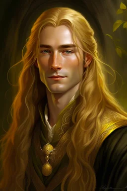 A young serene Lord Of The Rings like man with long golden hair that cascades gracefully. His calm eyes, with blind pupils, reflect a depth of wisdom and inner peace. A gentle smile graces his face, adding warmth to his tranquil demeanor.