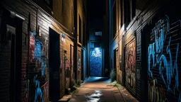 A narrow alleyway at night, with old buildings on either side and a graffiti-covered wall. The alley is dimly lit, creating a moody and atmospheric scene