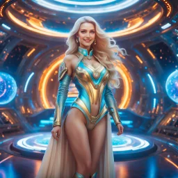 (masterpiece, best quality, 8k, RAW photo, beautiful and aesthetic:1.2), complex detail, Indirect light, photorealistic, (((full body))), 2 Cosmic <russian goddess smiling, long curved blonde hair, Mixed, sci-fi and traditional russian outfit, colorfull Sci-Fi environment