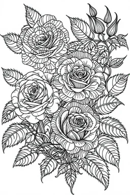 Outline art for coloring page, STYLISH ROSES, coloring page, white background, Sketch style, only use outline, clean line art, white background, no shadows, no shading, no color, clear