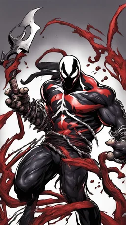 A close picture of Venom symbiote with kratos red tattoos and Clothes, holding blade of choice