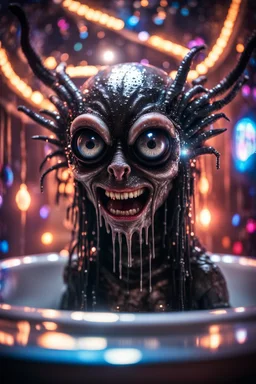 portrait through dirty warped lens of ultimate transcendent happy disco ball helmet pimp giger gremlin vampire alien frown with spotlights and huge dripping tounge sticking head out of a bathtub portal, in front of space portal dimensional glittering device, bokeh like f/0.8, tilt-shift lens 8k, high detail, smooth render, down-light, unreal engine, prize winning