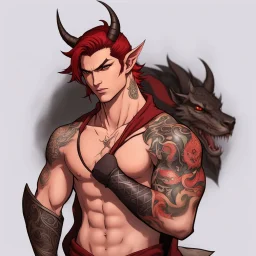 A Young Adult Male. A unique blend of Wood Elf and Red Tiefling features. His handsome face contrasts with the Yakuza dragon tattoos that completly cover his back, arms, and legs. He is wearing a torn coat. A physique that is strong and well-built, resembling a Fighter.