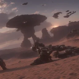 Armored Core machine robot fights another Armored Core fly in the sky in the desert with the ocean where you can see the space in the sky with the twilight on the horizon, 4k resolution