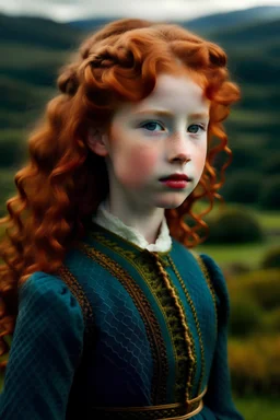 First century 12 year old Scottish Princess with stunning green eyes, red very curly hair, in a blue and gold dress with a loch in the background and Scottish highlands all around