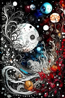 Three-dimensional watercolor. A space guppy on the background of unusual lace plants of an exoplanet. White-gold,burgundy,black,emerald,gray,sapphire,scarlet. A lot of details.Fine drawing with black ink,clear lines,magically, beautifully,surrealism,the play of color and light,contrast,horror,filigree ,neuro art,lumen,multi-exposure,macro detail,hyperrealism, 5d threads,64k,dark fantasy,dark botanical,bioluminescence. Fractal-neon, glitter,stars