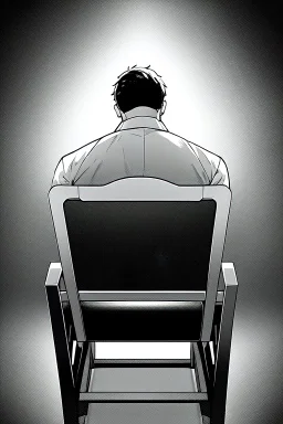 male character sitting on a plastic chair seen from behind, line arts, greyscale