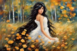 an irresistibly adorable image of a whimsical brunette woman creature with black hair and hazel eyes. Envision a charming being with fluffy, onyx-colored fur or hair that frames its endearing face. in the blowing wind Leonid Afremov