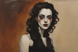 Painting of a Goth vampire girl, with highly detailed hair and facial features in the Expressionist style of Egon Schiele, Oskar Kokoschka, and Franz Marc, in muted natural colors