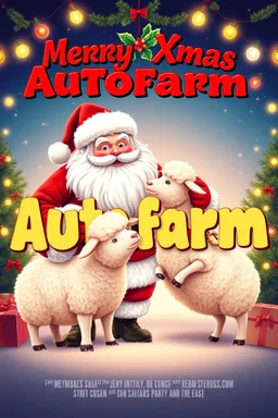 Design a 1990s-style movie poster featuring a heartwarming romantic comedy between a jolly Santa Claus and a charming, fluffy sheep. Capture the playful, feel-good spirit of a classic rom-com. Display 'Merry Xmas Autofarm' prominently in festive, playful letters. Surround the title with warm Christmas lights, mistletoe, and holiday decorations. Use bright, cheerful colors and whimsical design elements to evoke a sense of retro holiday magic. Include scenes of Santa and the sheep sharing sweet