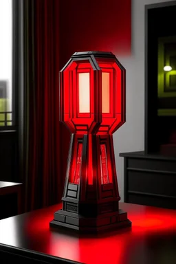 gaming table lamp inspired by avengers stark tower buliding architecture futuristic-modern stlye. geometric form, red and black color scheme