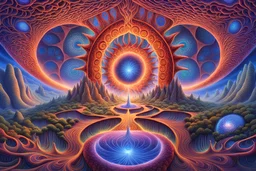Prompt: Surreal DMT Dimension with vibrant and kaleidoscopic visuals, otherworldly landscapes, intricate geometric patterns, ethereal beings, cosmic energy, glowing fractals, immersive depth of field, cinematic lighting, masterful digital painting by Alex Grey and Android Jones, 8k resolution