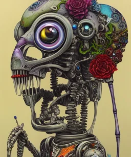 a beautiful painting of robot by aaron horkey, trending on artstation, skeleton, colorful, small minutiae, tiny features, particulars