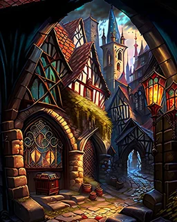 medieval fantasy cobblestone town with stained glass window buildings fairytale rpg art