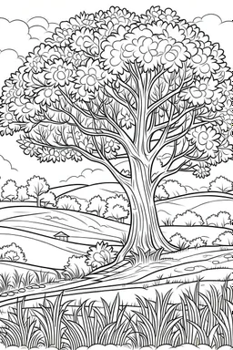 coloring page, tree in a meadow, cartoon style, thick lines, low detail, no shading