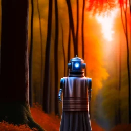 clairvoyant robot in robes, on a mission through the seasons, hills and trees, motion blur, 8k, downlight, soft light, depth of field, photorealism, trending on art station, lotsa detail