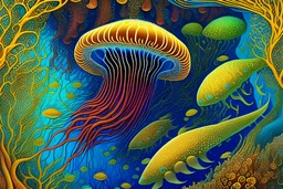 A underwater world of jellyfish, barracuda and coral, intricate, hyperdetailed, Gorgeous rich tones of yellows, blues, greens, reds, fantasy, by Daniel Merriam, Naoto Hattori, Peter Gric, Victo Ngai, crisp quality, high definition, keep in frame
