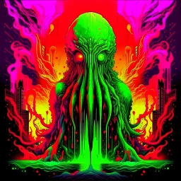 Exponential Cthulhu paradigm shift, surreal, by Victor Valla, acid wash mind-bending illustration; asymmetric, warm neon colors, shine burn, atmosphere guided by N(t)=N0​⋅e−kt