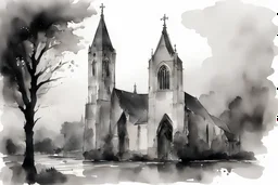 Portrait of an English church in black and white wet watercolour