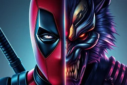Poster in two gradations, split in half, one side "deadpool", other side "wolfverine", midline of the face, painting by Yoji Shinkawa, tones and colours randoms, solid, pastel , detailed iridescent, metallic, translucent, dramatic lighting, hyper futuristic, digital art,