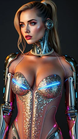 A full-body realistic photography photoshoot of a stunning cyborg woman blending futuristic technology with luxury fashion. Her mechanical enhancements are sleek and polished, featuring chrome-plated limbs and glowing blue circuitry embedded into her skin. She wears a luxurious outfit combining glittering metallic fabrics and translucent mesh, adorned with holographic sequins that shimmer in shades of silver, gold, and neon pink. Her bodysuit is accented with LED strips that pulse gently, while