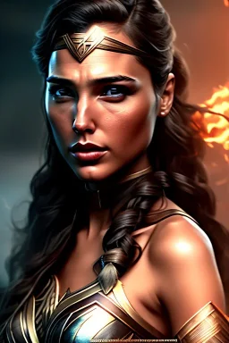 perfect gal gadot face, wearing viking, intricate, fullbody, highly detailed face, highly realistic particles, fog, fire