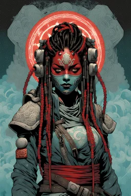 front facing full length portrait illustration of a grunge armored female , beaded dreadlock hair, cyberpunk vampire mercenary wearing an ornate japanese oni demon noh mask , and shemagh, highly detailed with gritty post apocalyptic textures, caught in a cosmic maelstrom of swirling gases , finely detailed facial features and hair, in the graphic novel style of Bill Sienkiewicz, and Jean Giraud Moebius, ink wash and watercolor with realistic light and shadow