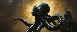 master oil painting by Rembrandt, black glistening slimy octopus insectoid hypnotic Nephilim tribe trauma watchers commando in spaceship