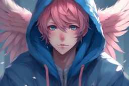 An anime man with messy short pink hair and narrow blue eyes wearing a hooded jacket. He has feathered wings. Realistic.