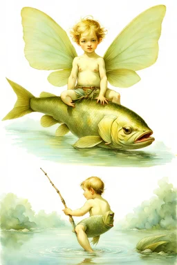 Masterpiece, ((Ottfried Preußler, the little water sprite)) the young little water sprite (boy) is sitting on the back of a big huge carp (fish) and glides with him under the water complete figure, flawless, full body shot, by Baptiste Monge, by Daniel Merriam, by Brian Froud, by Beatrix Potter, by Nicoletta Ceccoli, by Kinuko Y. Craft, by David Laurence, by Arcimboldo