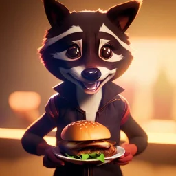 portrait of a anthropomorphic smiling raccoon holds a burger in its hands. unreal 5, octane render, cinema4d, soft lighting, soft lighting, 4k, redshift render, highly detailed, hyper realistic