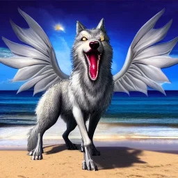 cute realistic detailed wolf dragon with angel wings, ultra high resolution, realistic, standing in front of the ocean on the beach,