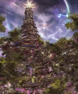 Seraphic angelic holy tower pagoda mothership starship photorealistic colorful rainbow sky massive tree canopy light beams birds flying futuristic rusty destroyed mechanical astral one ghosts poltergeist haunt mechwarrior transformer ninja samurai sword gundam alien abandoned wreckage in old battlefield blast crater on the lunar surface ancient pyramid temple urban ruins trees plants vines ferns palms