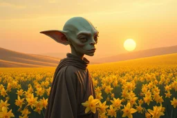 oil paint, alien monk priest in A vast, tranquil landscape bathed in the golden glow of a spring sunset, with a sea of daffodils stretching across rolling hills under a soft, pastel-colored sky. The flowers sway gently in a soft breeze, creating a vibrant, dream-like ocean of yellow against the serene background. close up on a natural gremlin orc beauty face A solitary figure, perhaps a poet or dreamer, stands in awe at the beauty, their presence almost blending with the natural scenery