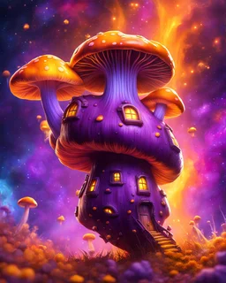 A lonely floating island mushroom house in space. purple orange yellow, deep space nebulas. Detailed gloss Painting, bright color, fantastical, intricate detail, splash screen, hyperdetailed, insane depth, concept art, 8k resolution, trending on Artstation, Unreal Engine 5, color depth, backlit, splash art, dramatic, High Quality Whimsical Fun Imaginative, good composition