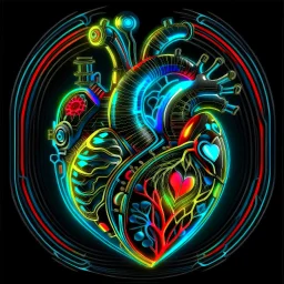 VECTOR LAYERED MULTICOLORED COMPLIMENTARY NEON MECHANICAL HUMAN HEART, METALLIC,