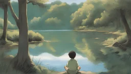 Capture the essence of enchantment as a boy sits by a magical lake, gazing into its depths. Illustrate the scene with the boy's reflection mirrored in the mystical waters, revealing glimpses of his future. Convey a sense of wonder and introspection in the boy's expression as he discovers the secrets that the magical lake unfolds about his destiny.Studio Ghibli
