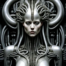 The biomechanical woman created by HR Giger, famous for his work on the Alien franchise, is a striking and surreal fusion of organic and mechanical elements. Her body is often depicted as a complex network of tubes, cables, and other mechanical components seamlessly integrated with her human form. The result is a truly unique and unsettling creature that blurs the line between man and machine. Giger's biomechanical women are often depicted in a state of eerie calm, their features an unsettling m