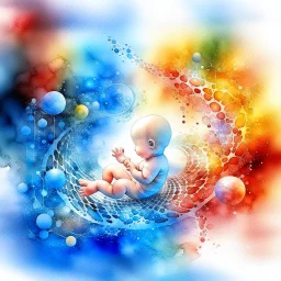 Inspiration from Nomeradona On Playground Life begins. Quantum Serenity: A watercolor depiction of the conception of a baby, illustrating the interplay of microscopic quantum particles and DNA at the molecular level, embodying calmness in action.”